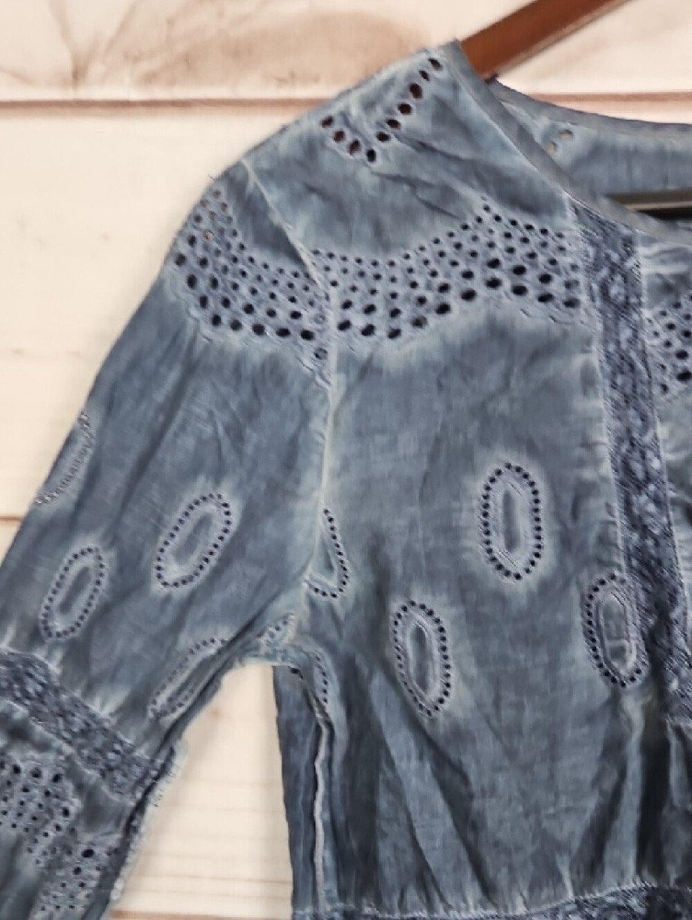 Lucky Brand Blue Acid Wash Eyelet Embroidered Boho Peasant Top | Small - Picture 5 of 11